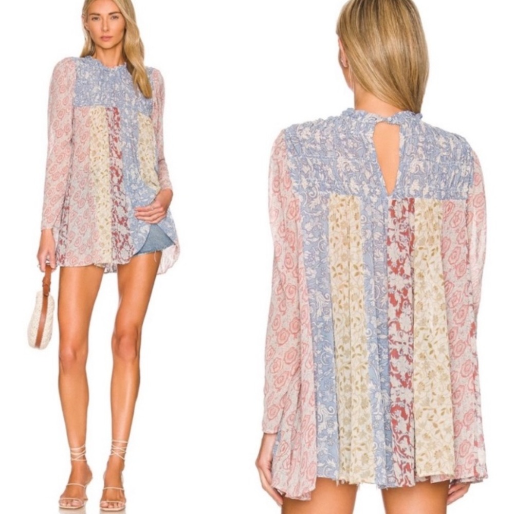 Free People Merrie Mix Print Colorblock Colorful Tunic Dress Ruffle Neck Detail